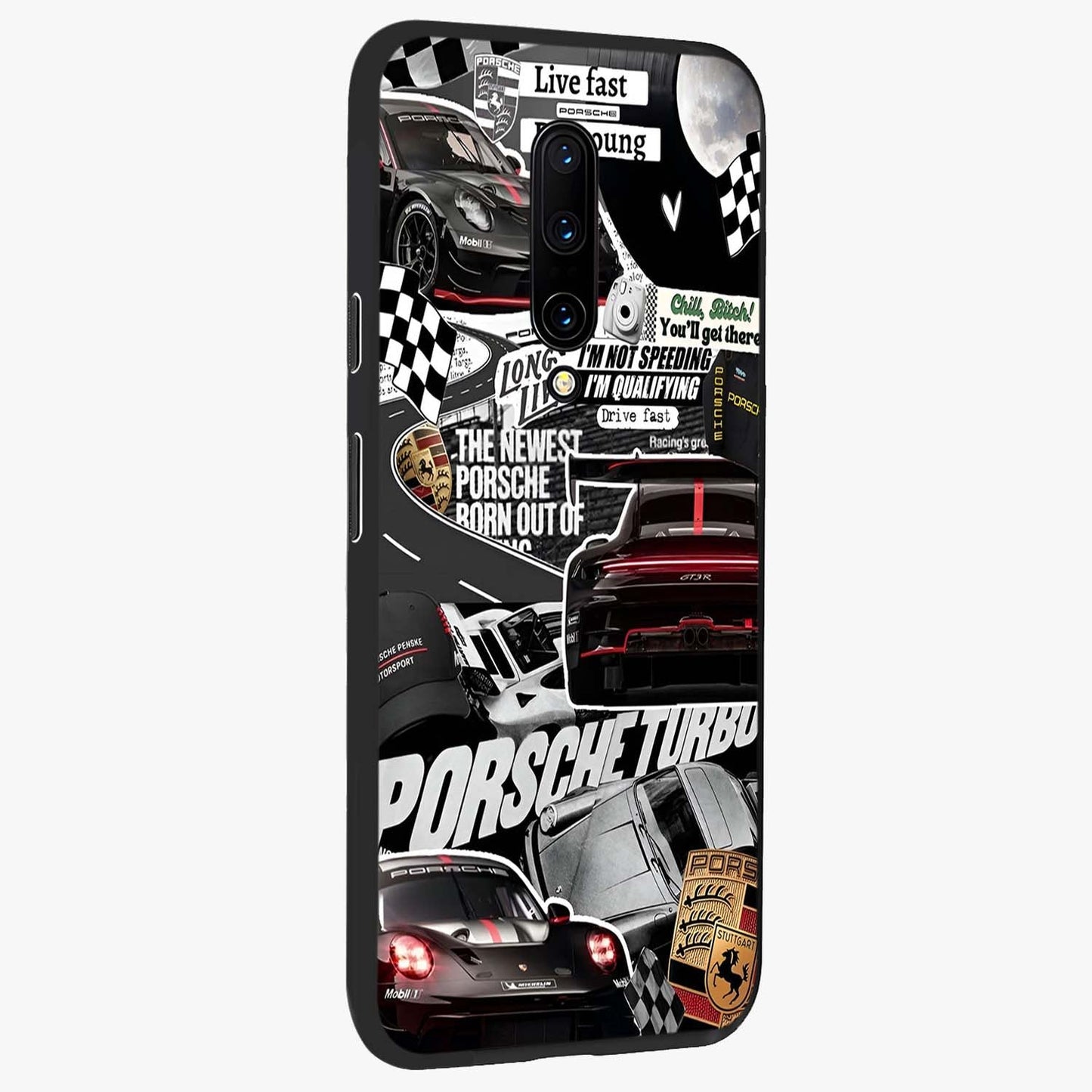Porsche Racing Collage Glass Case upright view showcasing energetic car collage artwork with high speed racing theme.