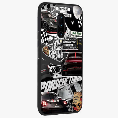 Porsche Racing Collage Glass Case upright view showcasing energetic car collage artwork with high speed racing theme.