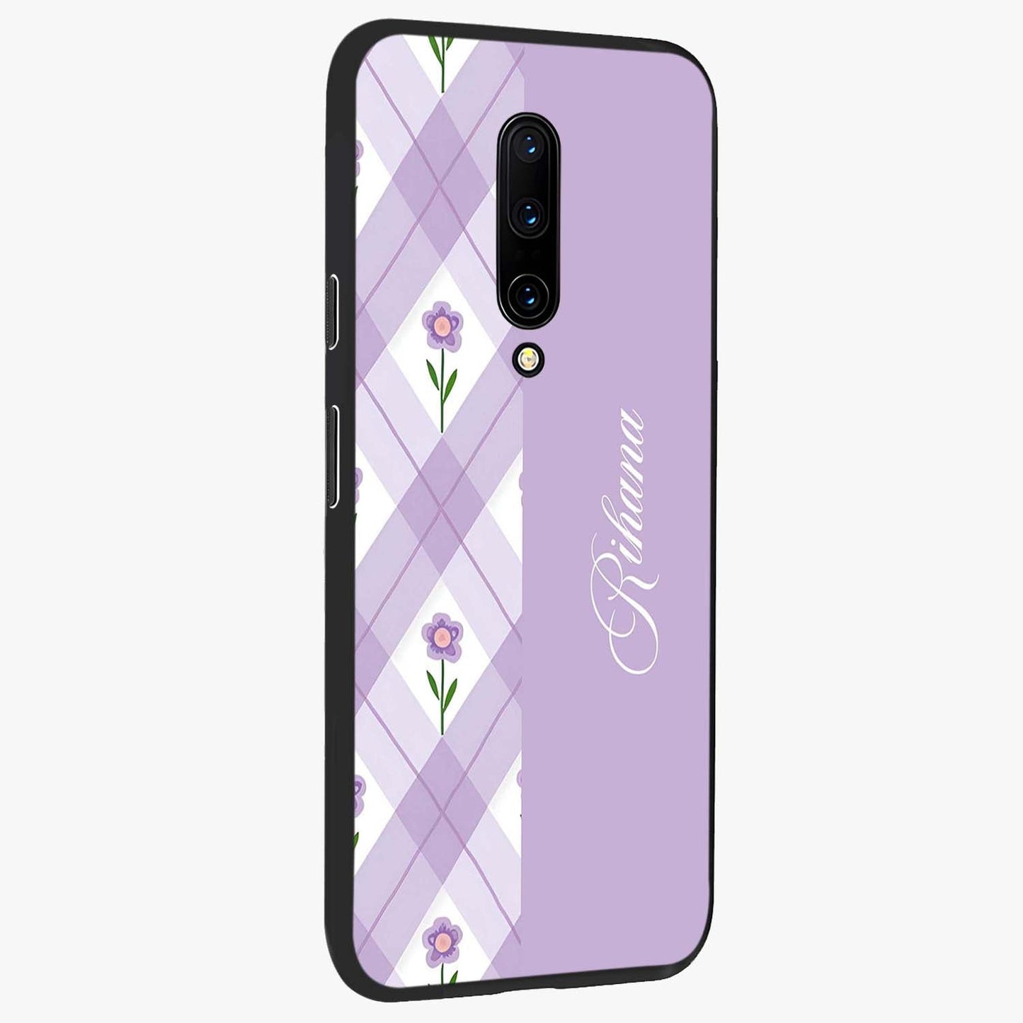 Purple Diamond Floral Glass Case upright view showcasing vibrant floral artwork with stylish geometric theme.