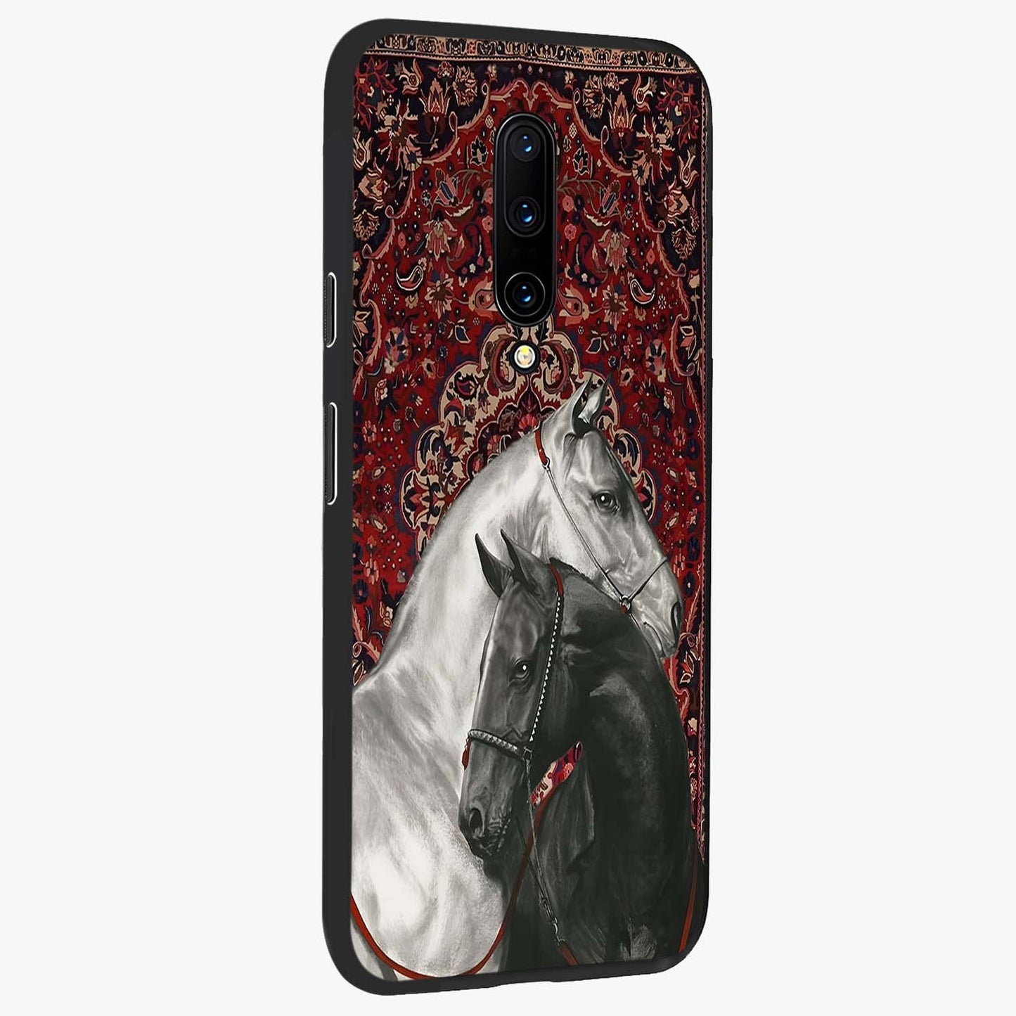 Regal Stallion Tapestry Glass Case upright view showcasing powerful horse artwork with elegant tapestry theme.