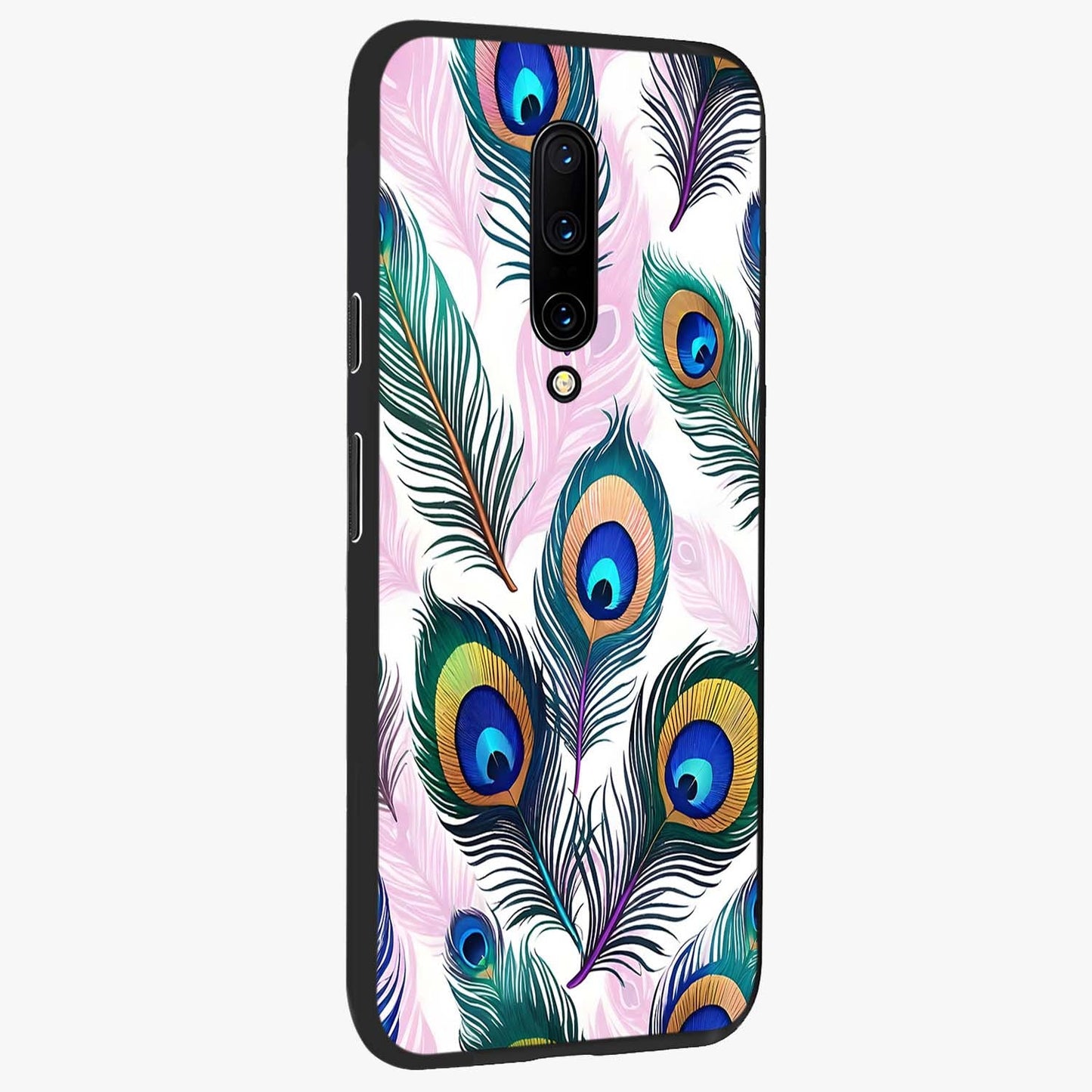 Royal Peacock Feathers Glass Case upright view showcasing elegant peacock feather artwork with decorative royal theme.