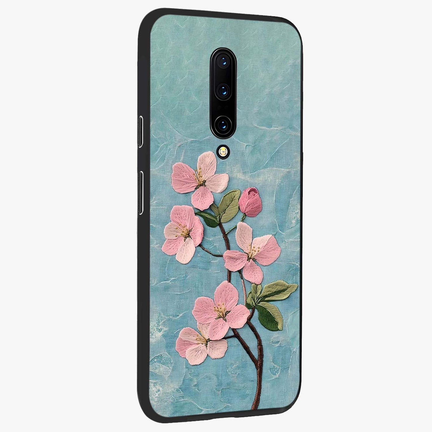 Threaded Blossom Breeze Glass Case upright view showcasing graceful flower artwork with calm botanical theme.