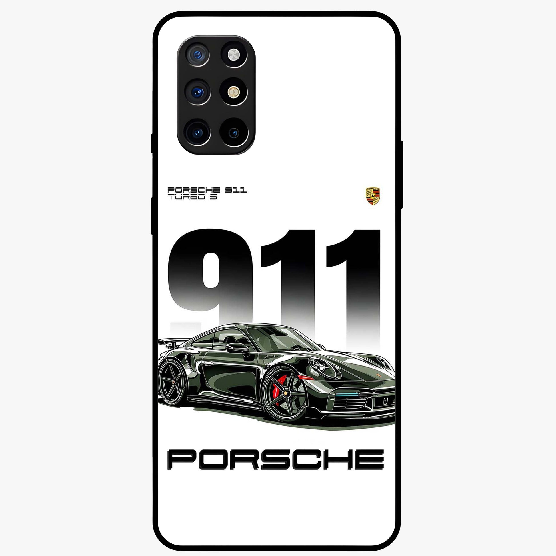 911 Turbo Dominance Glass Case showing clean flat back view with bold 911 sports car artwork and glossy glass finish.