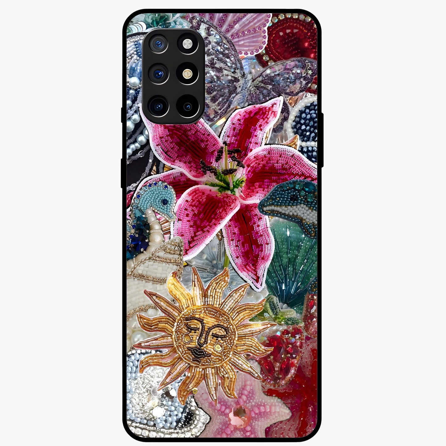 Beaded Garden Fantasy Glass Case showing flat back view with dreamy garden bead artwork and glossy glass finish.