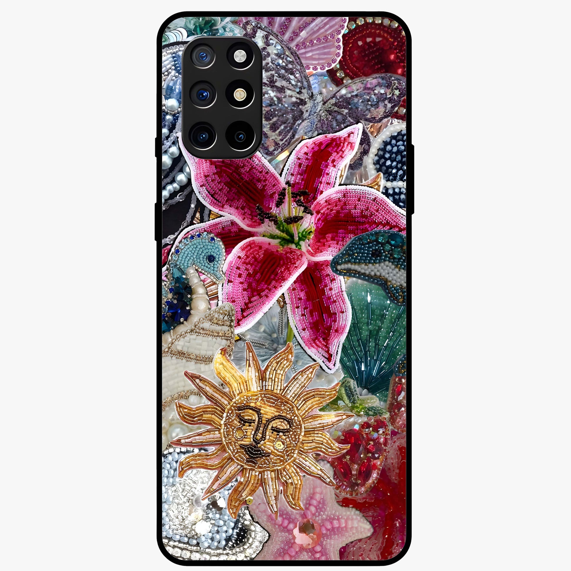 Beaded Garden Fantasy Glass Case showing flat back view with dreamy garden bead artwork and glossy glass finish.