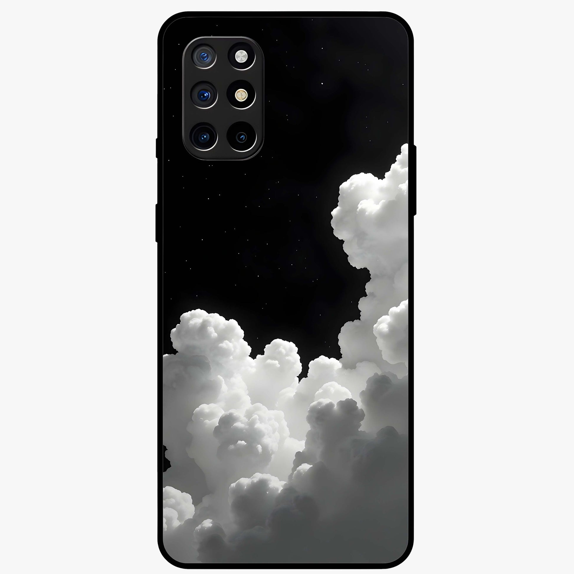 Black Background With White Cloud Glass Case showing flat back view with minimal cloud artwork on dark background and glossy glass finish.