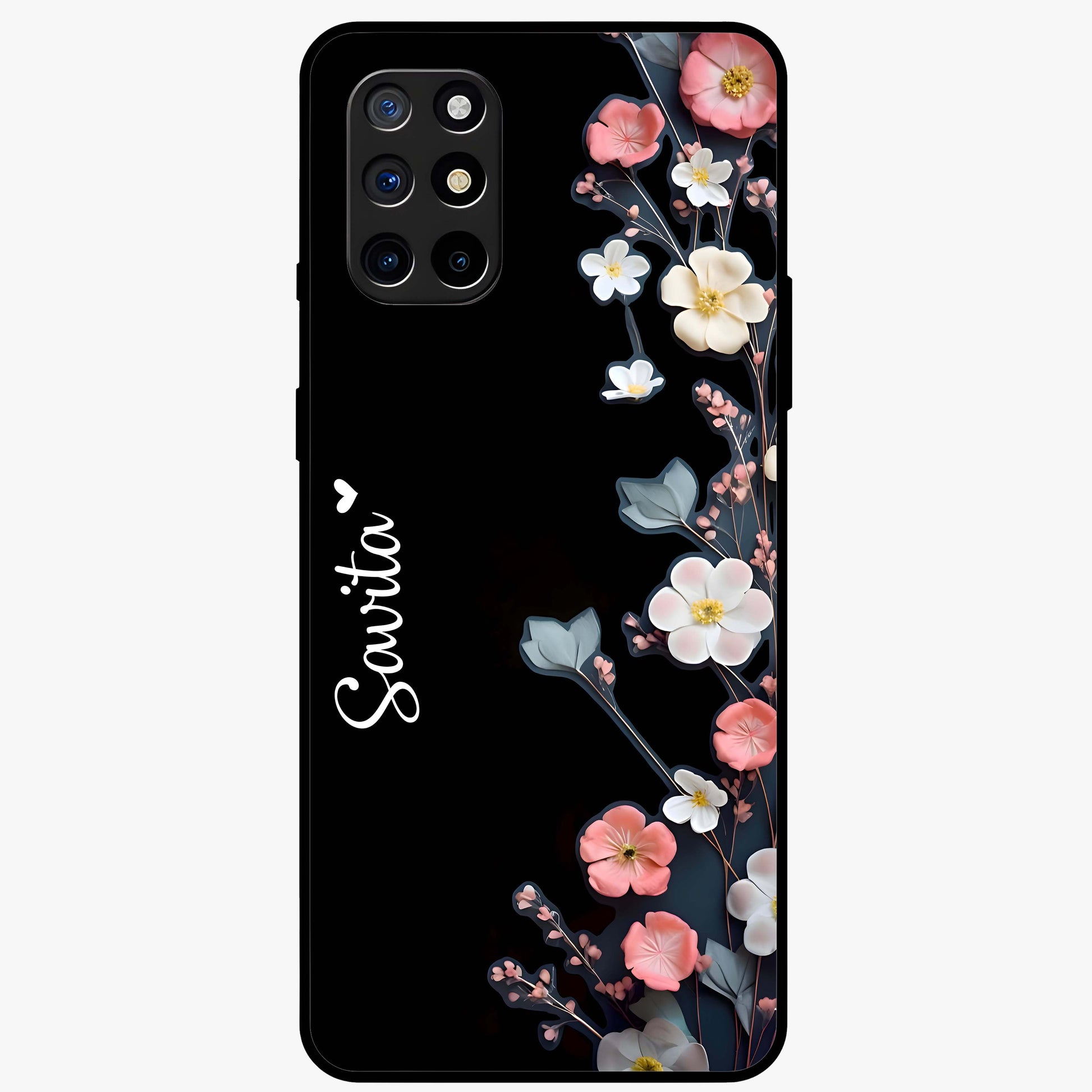 Black Elegance Floral Custom Name Glass Case showing flat back view with elegant floral artwork and personalized name design.