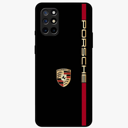 Black Minimal Porsche Glass Case showing flat back view with sleek minimal sports car artwork and glossy glass finish.