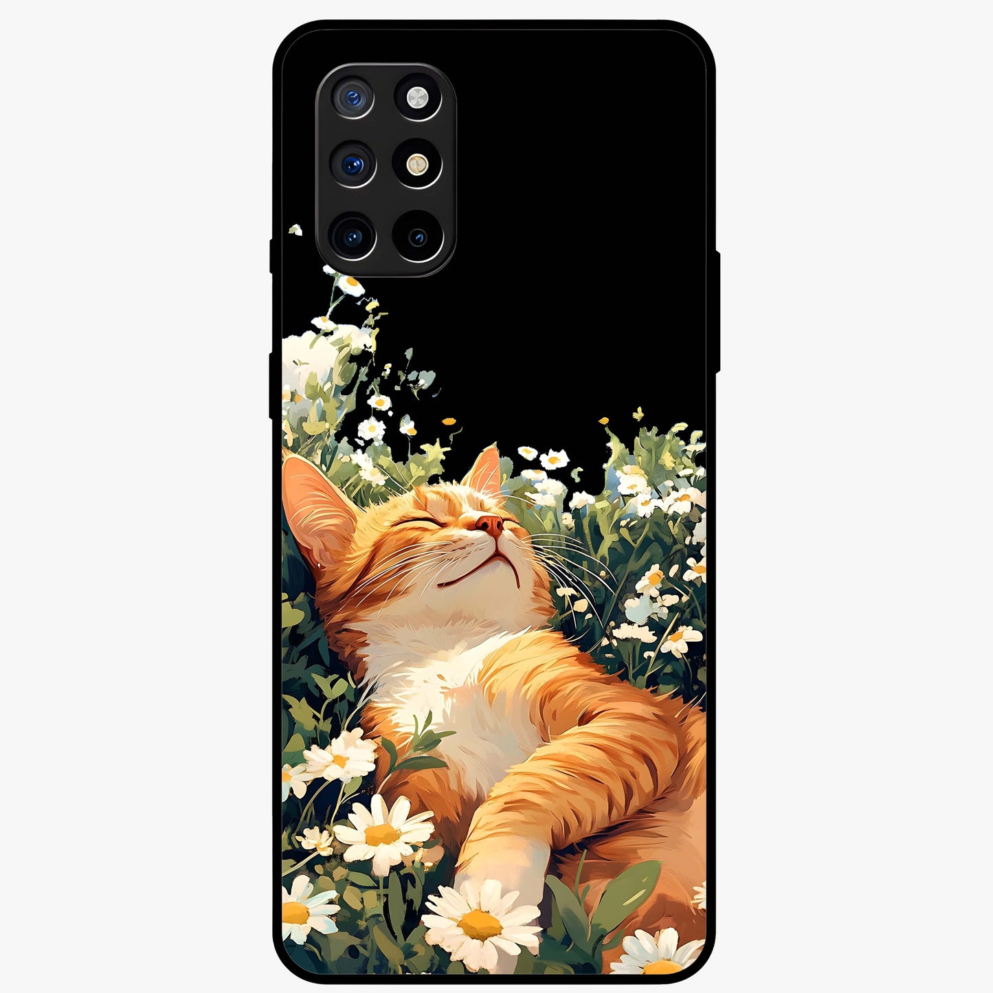 Blissful Bloom Cat Glass Case showing flat back view with cute cat and floral bloom artwork and glossy glass finish.