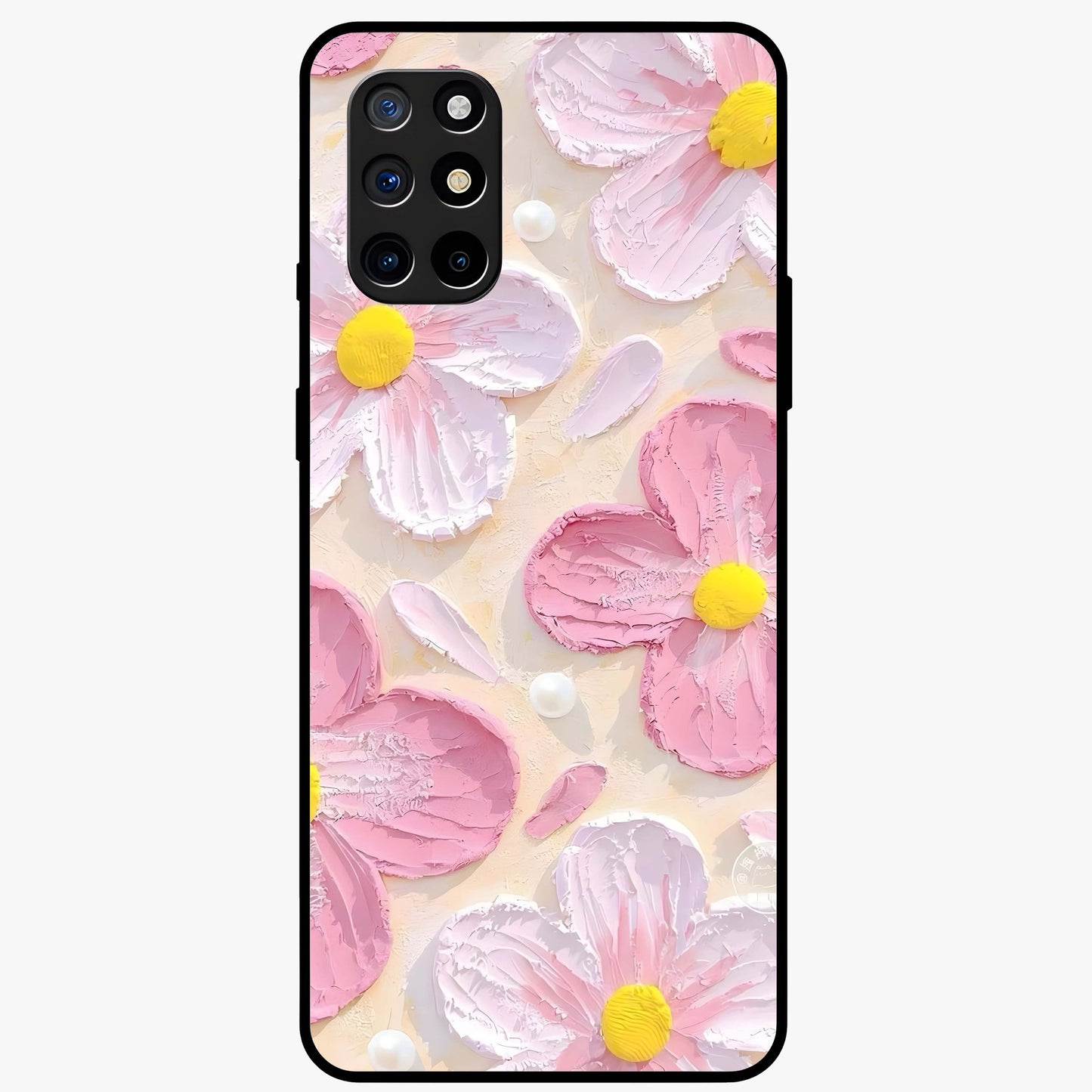 Blush Bloom Texture Glass Case showing flat back view with soft blush floral texture artwork and glossy glass finish.