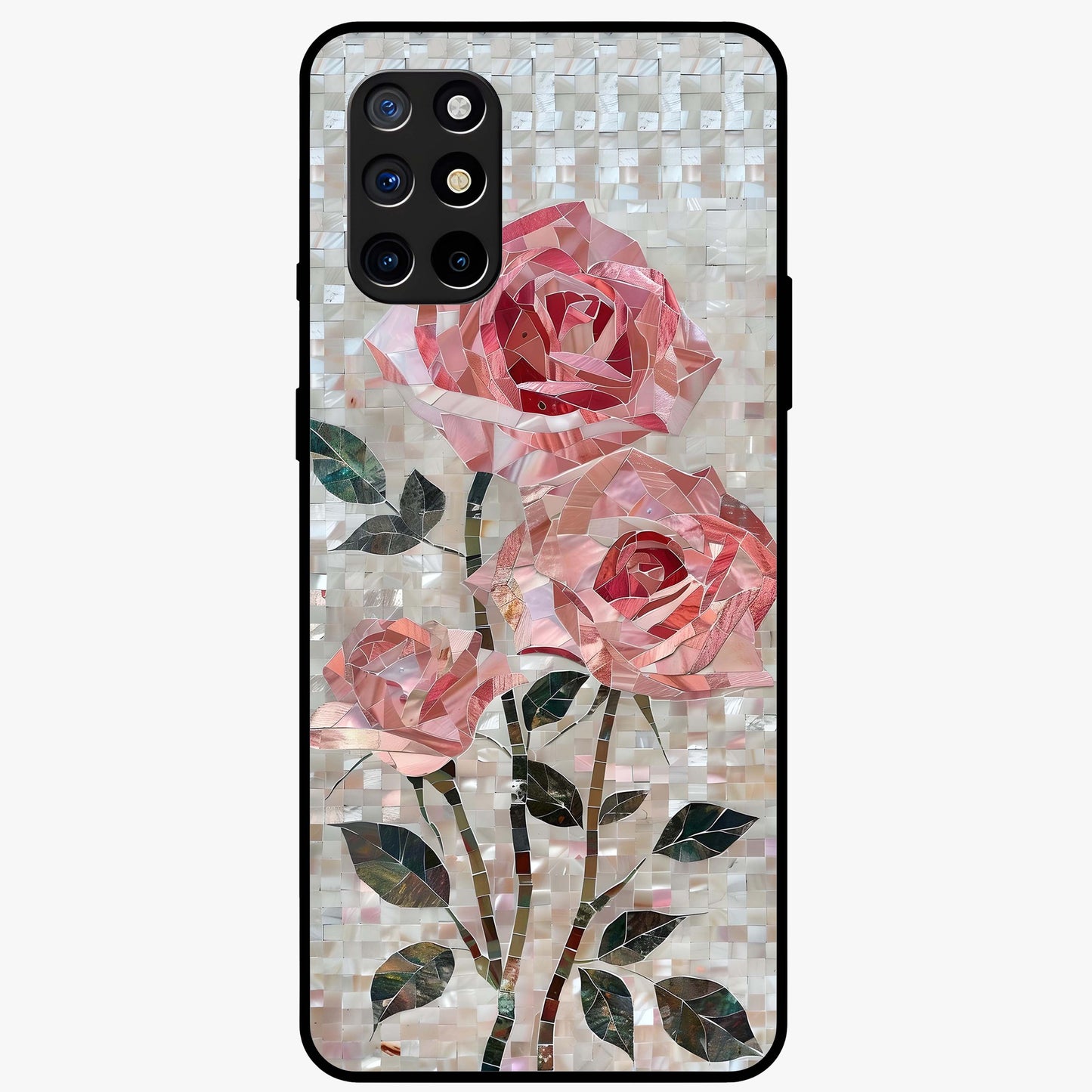 Blush Mosaic Bloom Glass Case showing flat back view with mosaic floral bloom artwork and glossy glass finish.