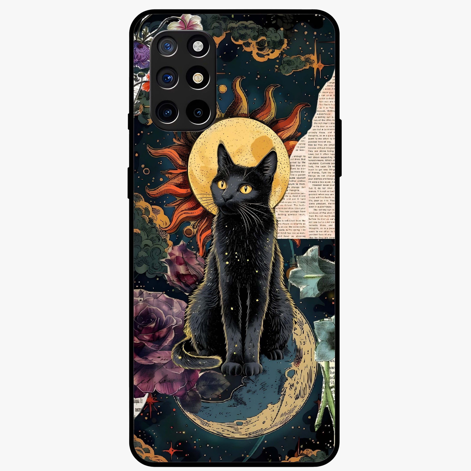 Celestial Black Cat Glass Case showing flat back view with mystical black cat artwork and glossy glass finish.