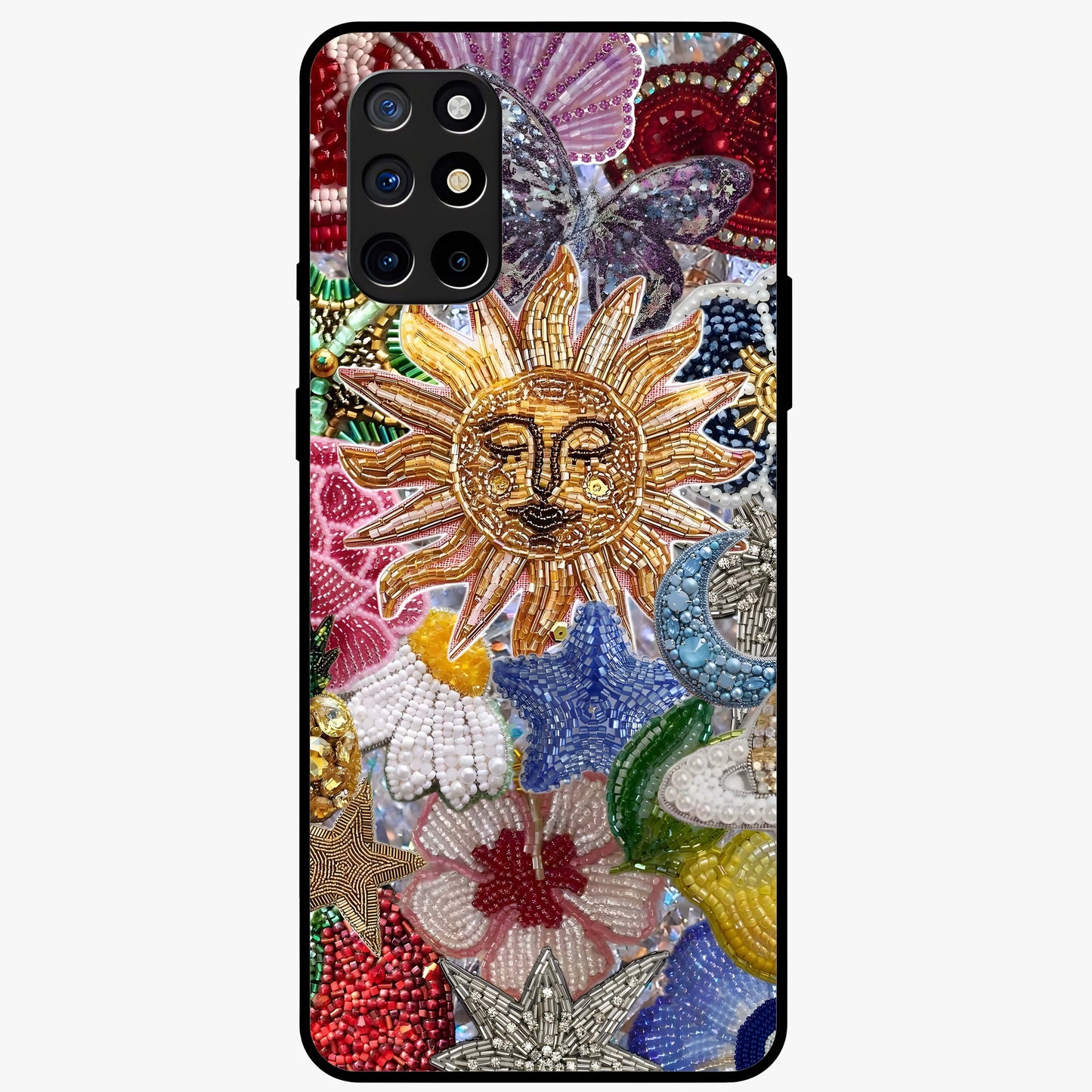 Celestial Floral and Playful Glass Case showing flat back view with floral and celestial themed artwork and glossy glass finish.