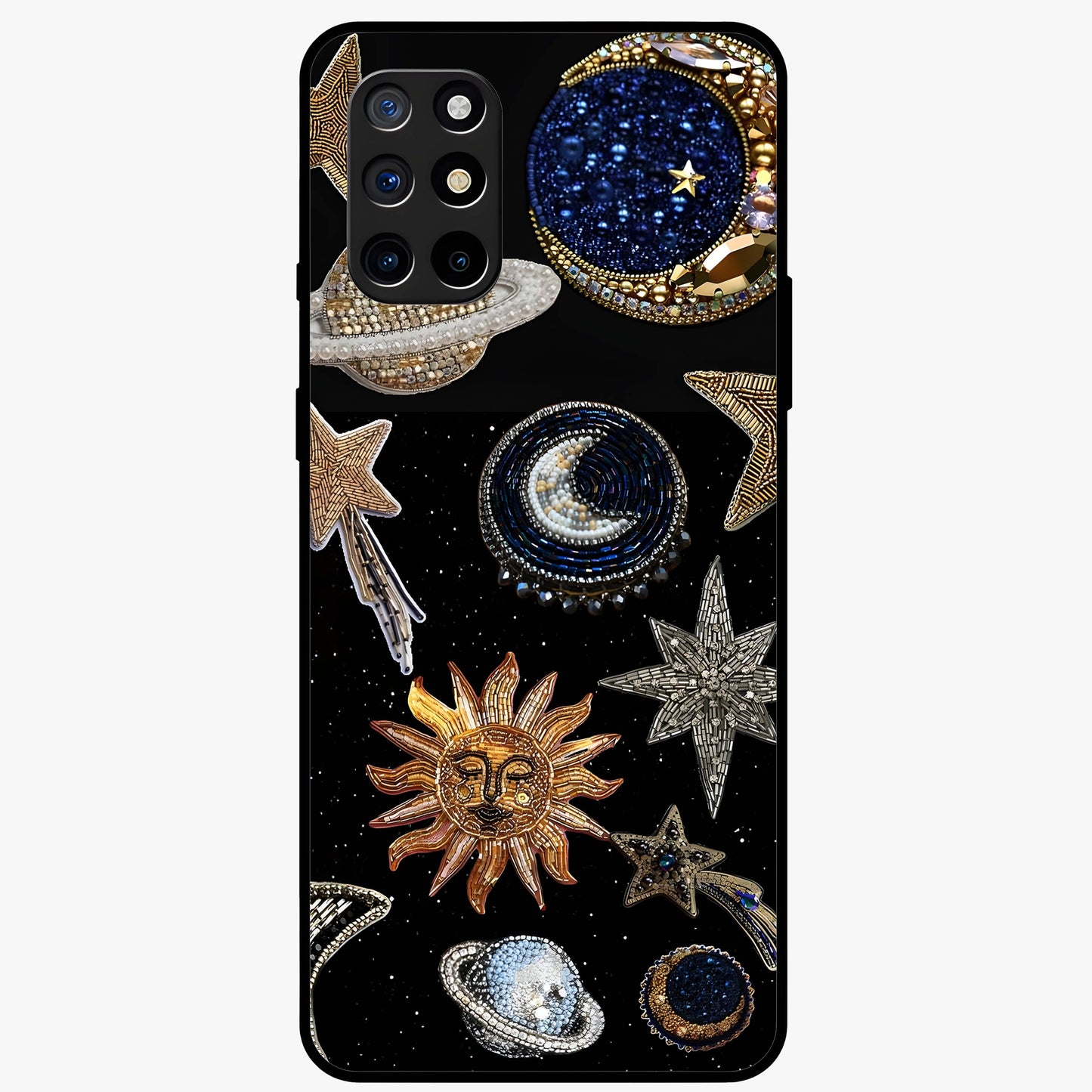 Celestial Gem Constellations Glass Case showing flat back view with sparkling constellation artwork and glossy glass finish.
