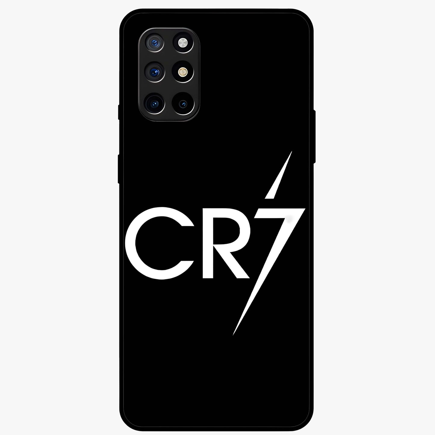 Cr7 Elite Strike Glass Case showing flat back view with dynamic football inspired artwork and glossy glass finish.