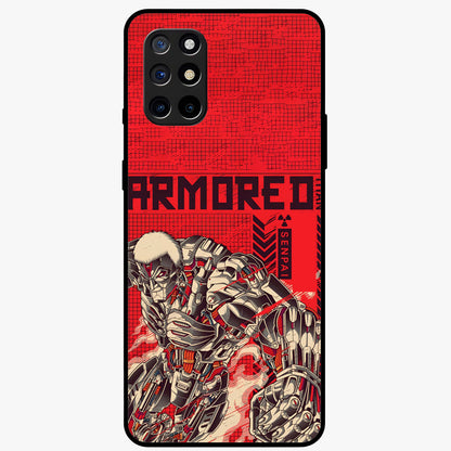 Crimson Mecha Titan Glass Case showing flat back view with powerful mech titan artwork and glossy glass finish.
