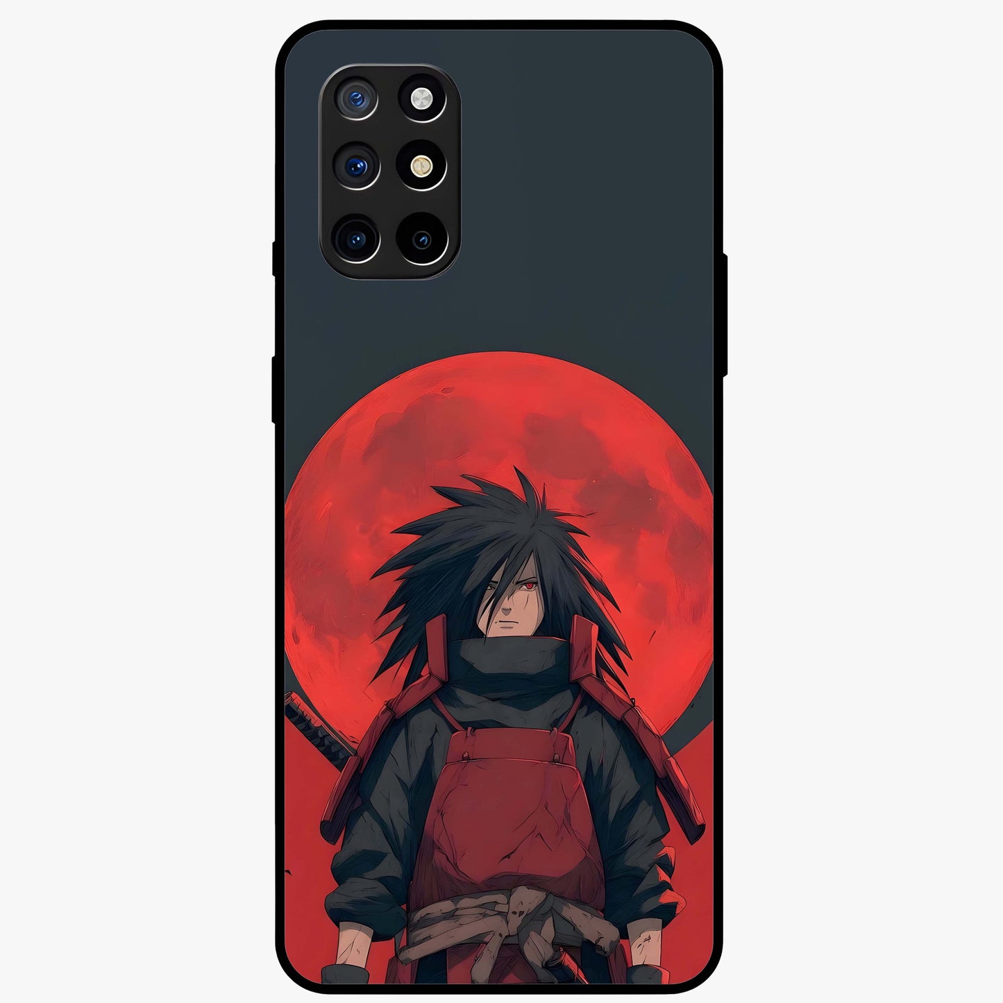 Crimson Moon Warlord Glass Case showing flat back view with mystical moon warrior artwork and glossy glass finish.