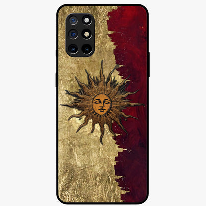 Crimson Sun Majesty Glass Case showing flat back view with radiant sun inspired artwork and glossy glass finish.