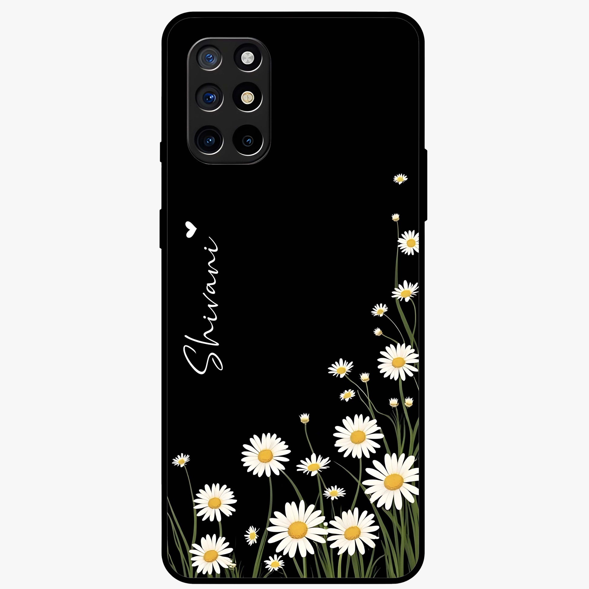 Daisy Cascade Custom Name Glass Case showing flat back view with cascading daisy flowers and personalized name design.