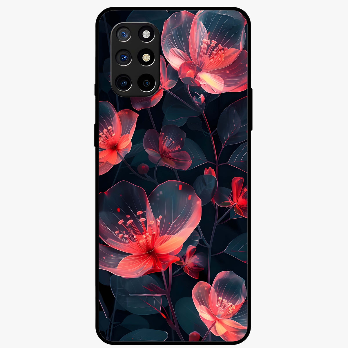 Dark Shade of Flower Glass Case showing flat back view with elegant dark floral artwork and glossy glass finish.