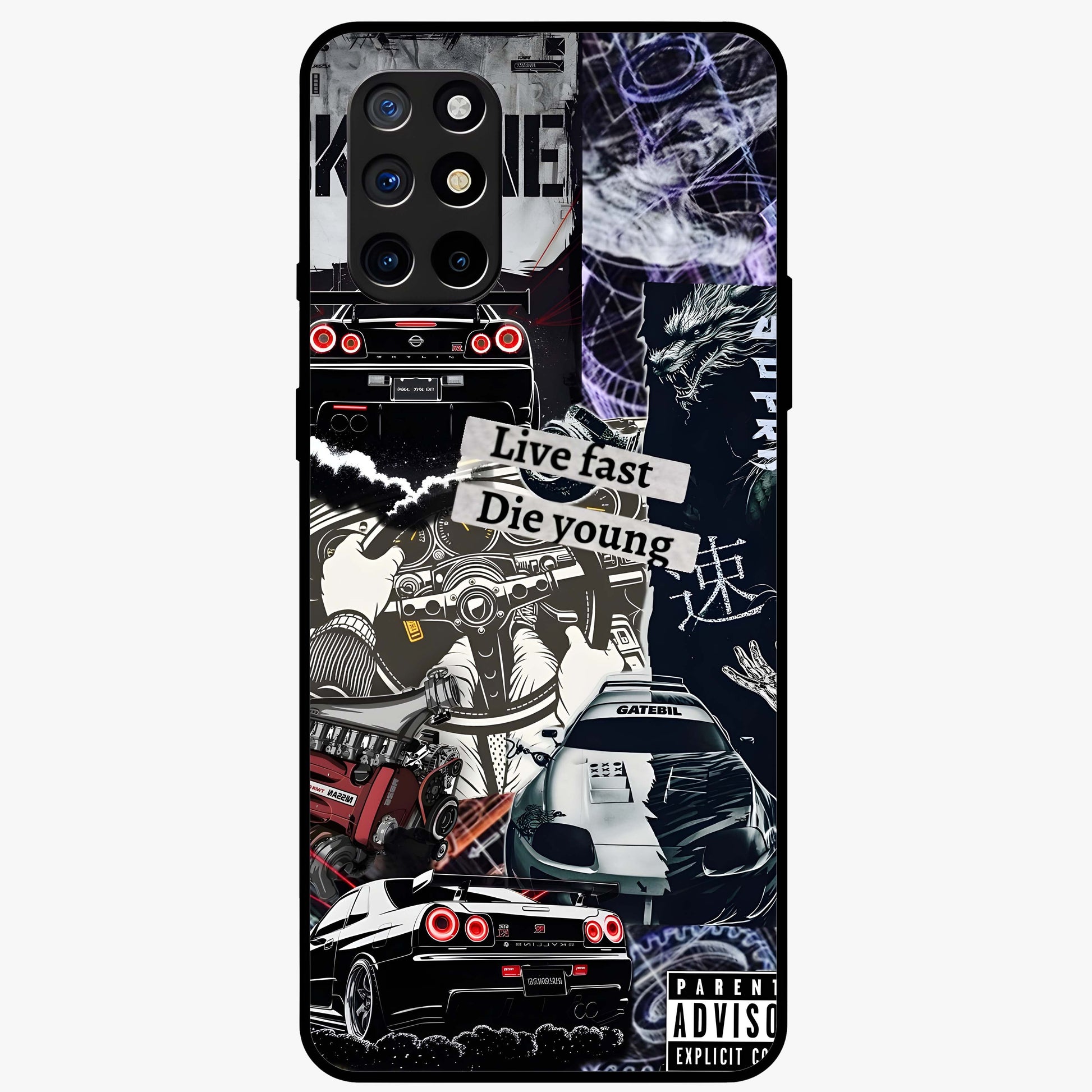 Die Young Glass Case showing flat back view with bold artistic typography design and glossy glass finish.