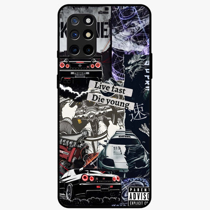Die Young Glass Case showing flat back view with bold artistic typography design and glossy glass finish.