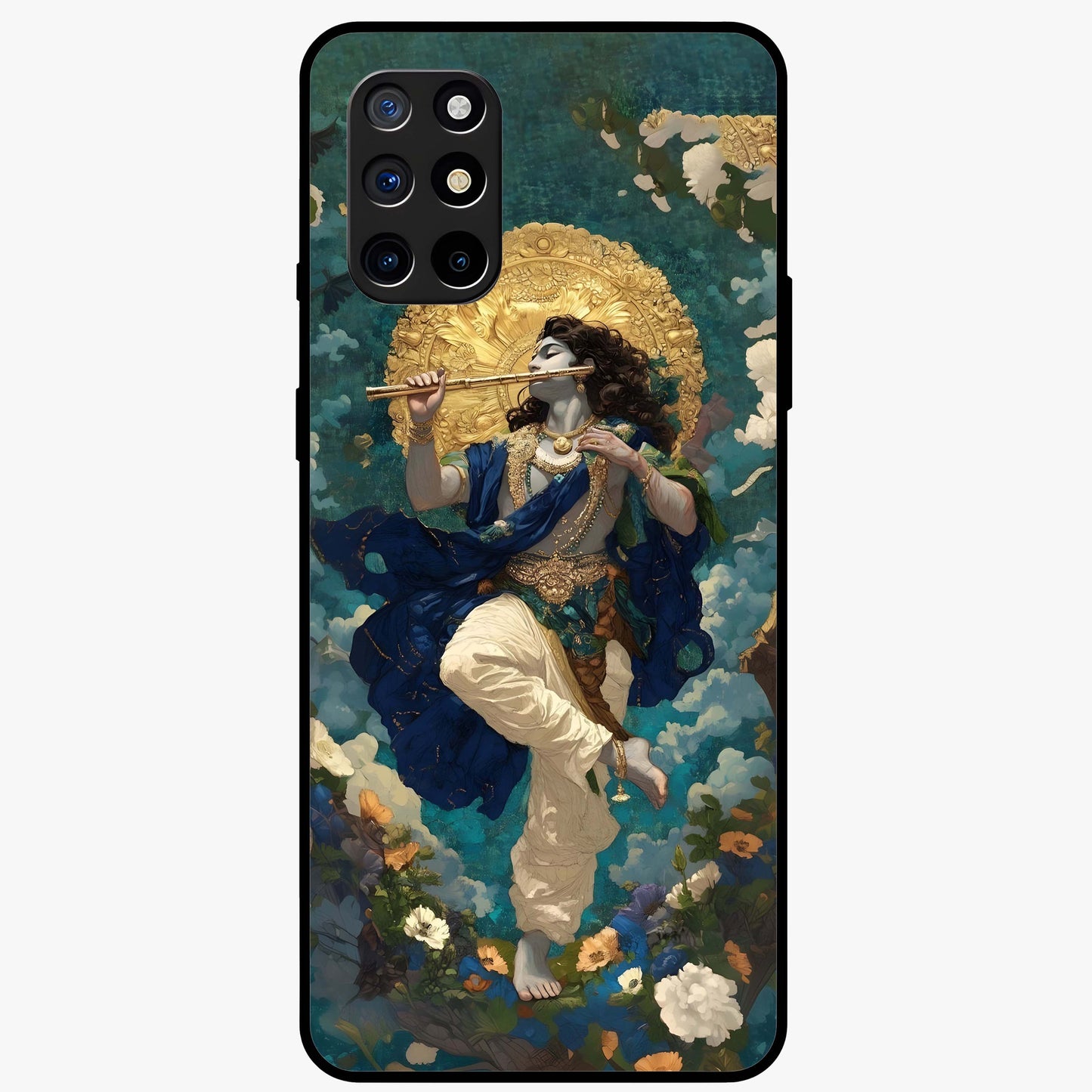 Divine Krishna Art Glass Case showing flat back view with Lord Krishna artwork and glossy glass finish.