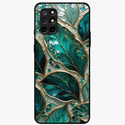 Emerald Leaf Glass Glass Case showing flat back view with emerald green leaf artwork and glossy glass finish.