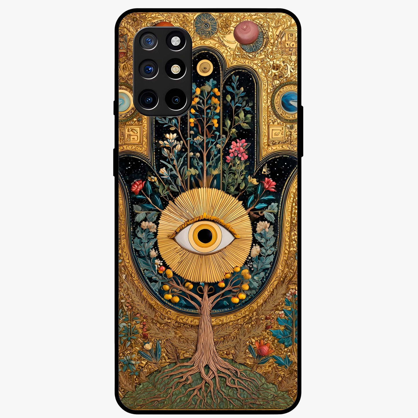 Ethereal Evil Eye Glass Case showing flat back view with mystical evil eye artwork and glossy glass finish.