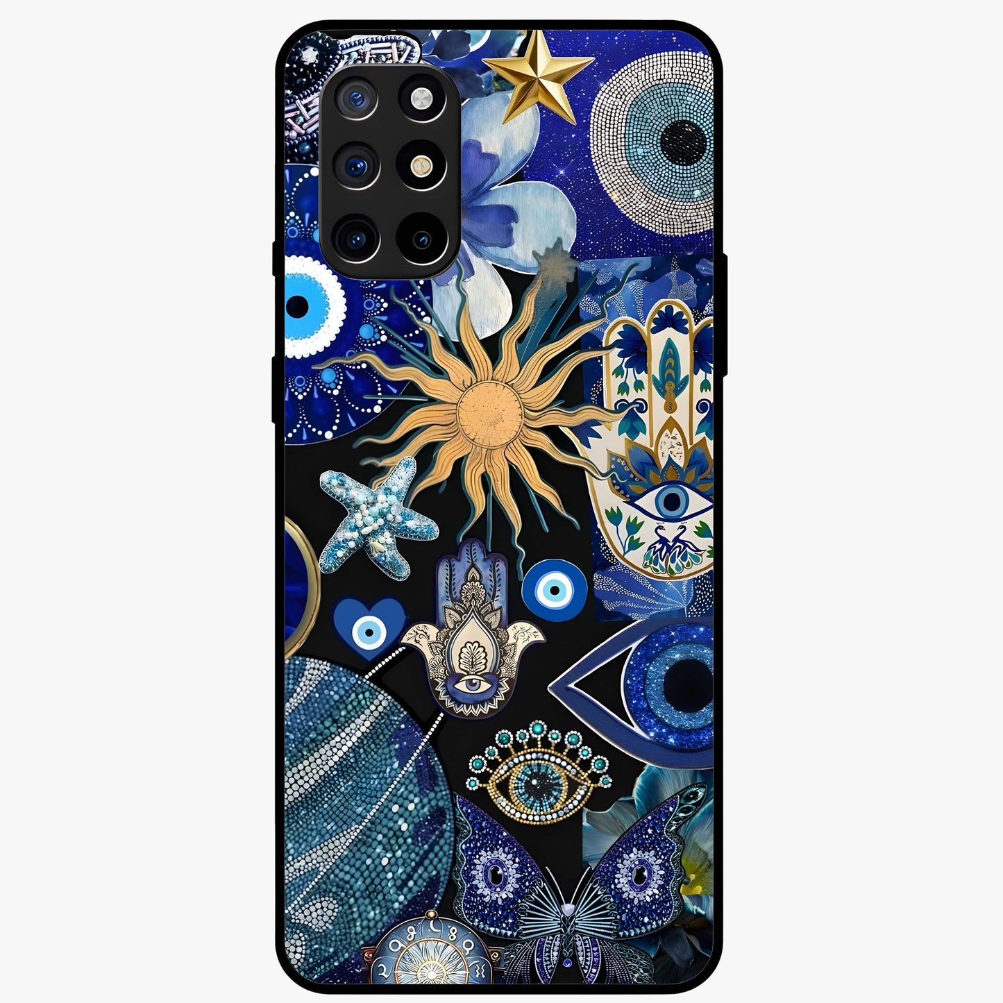 Evil Eye Charm Mix Glass Case showing flat back view with multiple evil eye charms artwork and glossy glass finish.