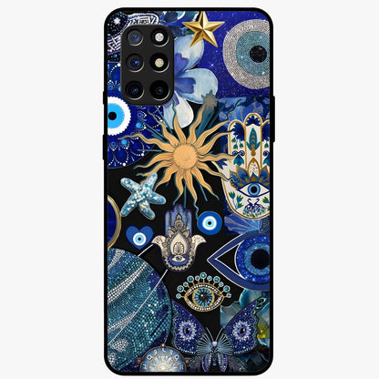 Evil Eye Charm Mix Glass Case showing flat back view with multiple evil eye charms artwork and glossy glass finish.