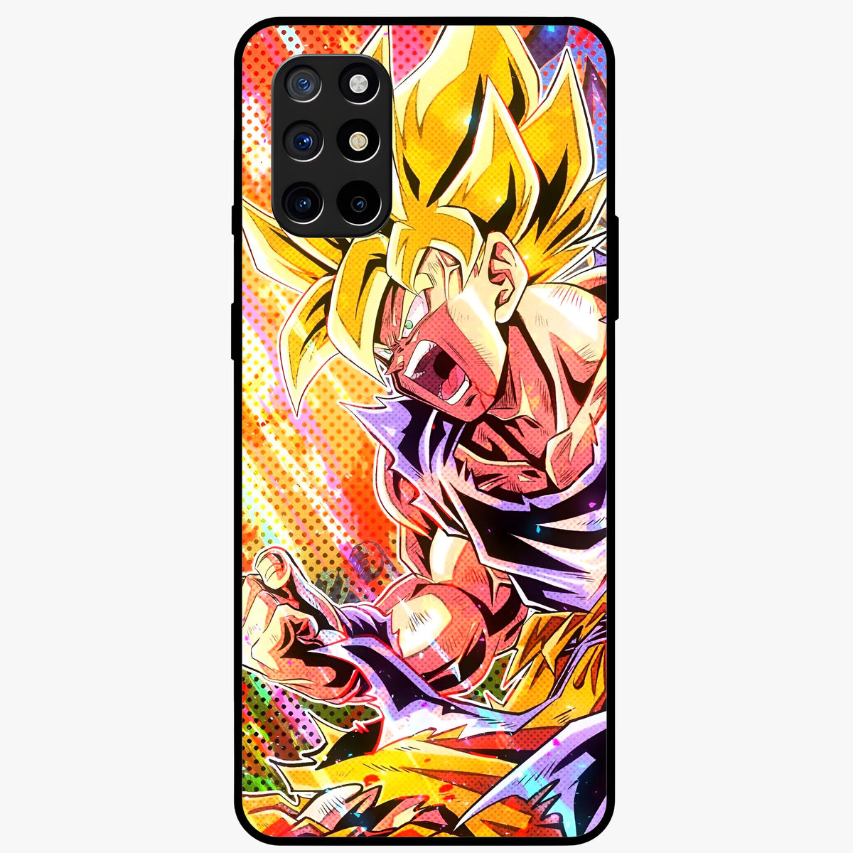 Firing Goku Glass Case showing flat back view with powerful anime inspired artwork and glossy glass finish.