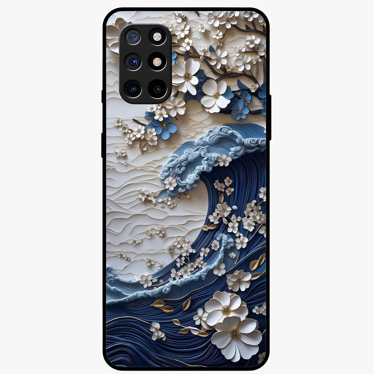 Floral Wave Origami Glass Case showing flat back view with origami inspired floral wave artwork and glossy glass finish.