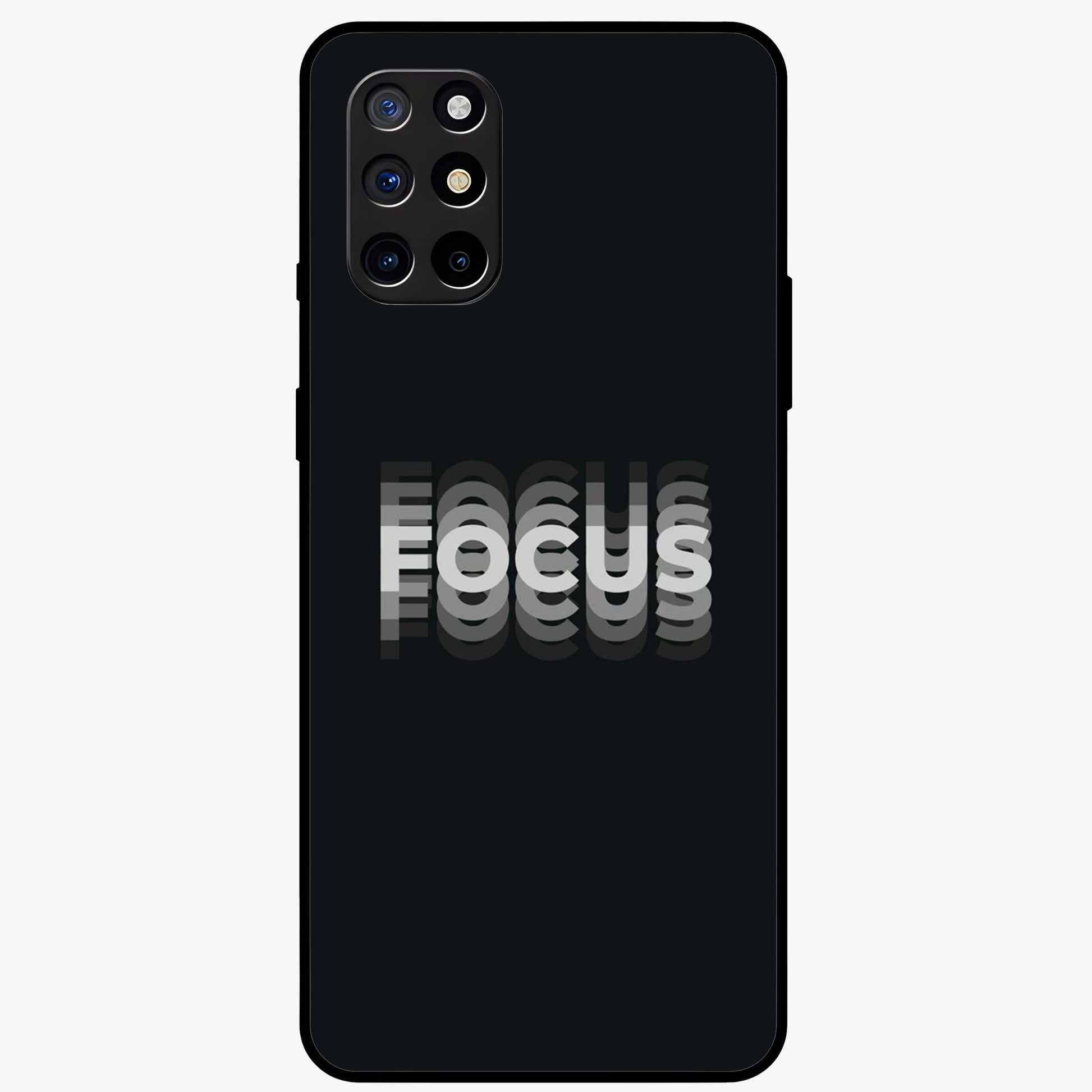 Focus Mode On Glass Case showing flat back view with bold motivational typography design and glossy glass finish.