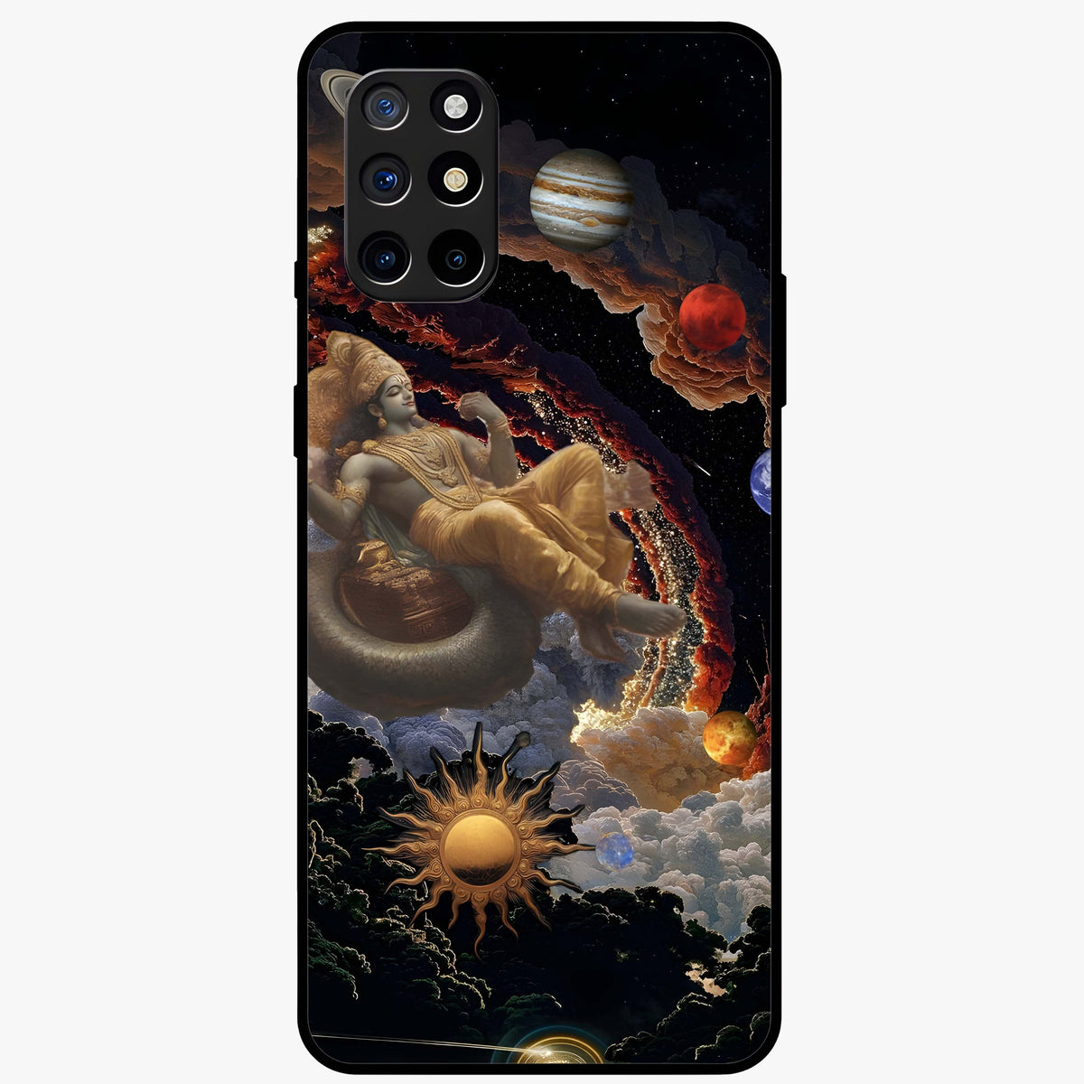 Galactic Divine God Glass Case showing flat back view with divine cosmic themed artwork and glossy glass finish.