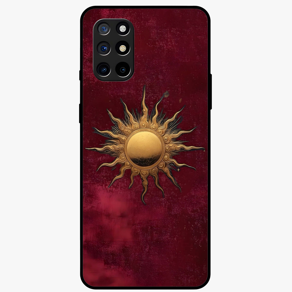 Gold Sun Blush Glass Case showing flat back view with golden sun inspired artwork and glossy glass finish.