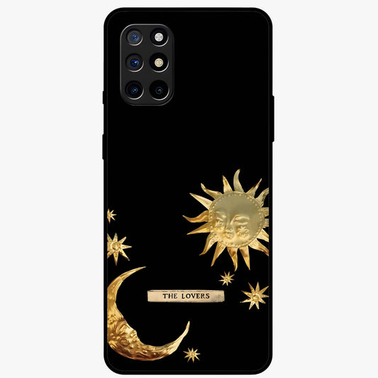 Golden Celestial Charm Glass Case showing flat back view with golden celestial charm artwork and glossy glass finish.
