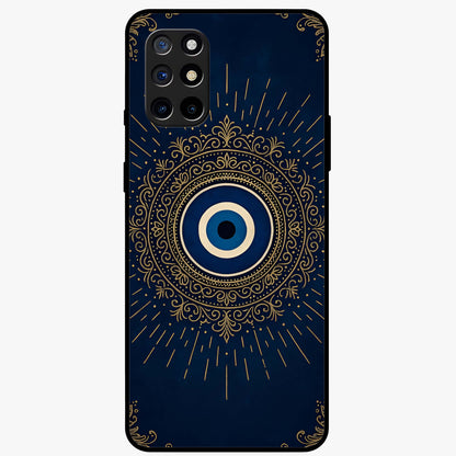 Golden Evil Eye Mandala Glass Case showing flat back view with intricate evil eye mandala artwork and glossy glass finish.