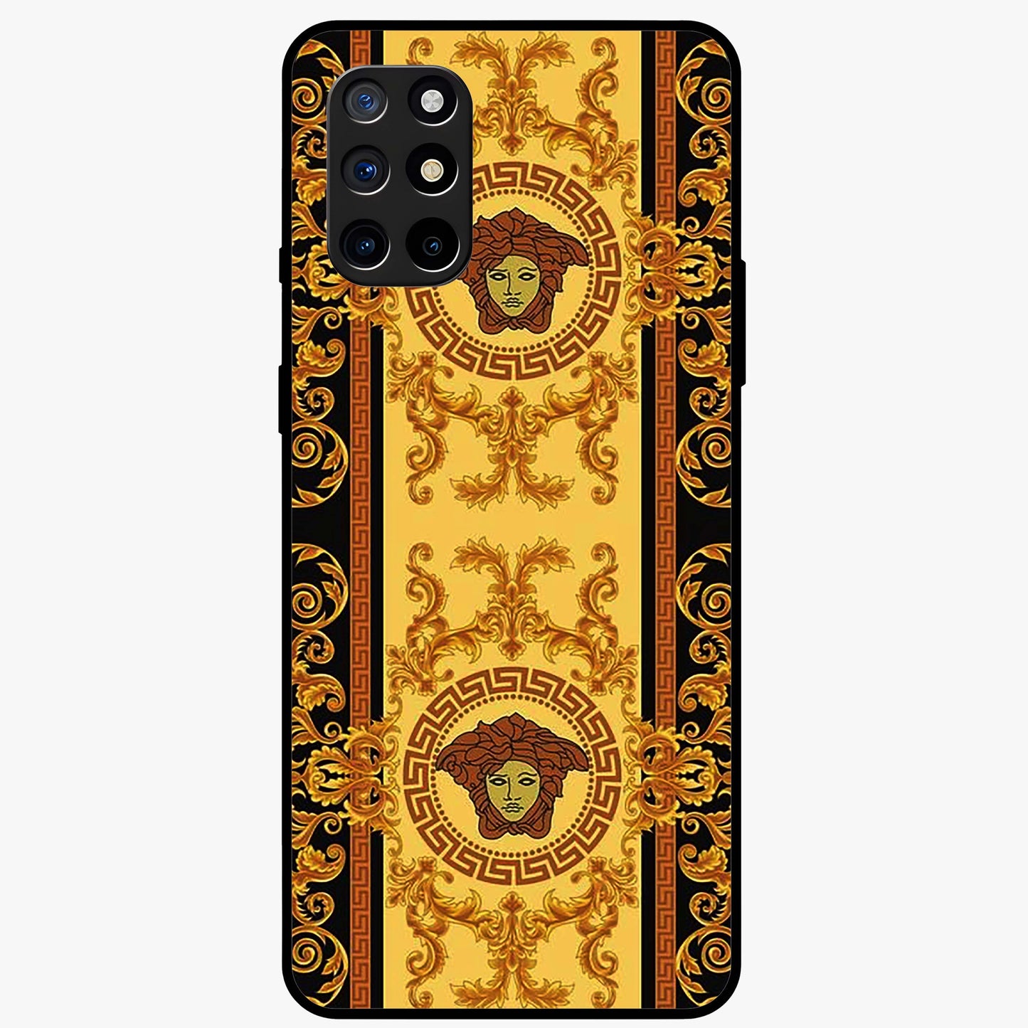 Golden Royal Heritage Glass Case showing flat back view with ornate royal pattern artwork and glossy glass finish.
