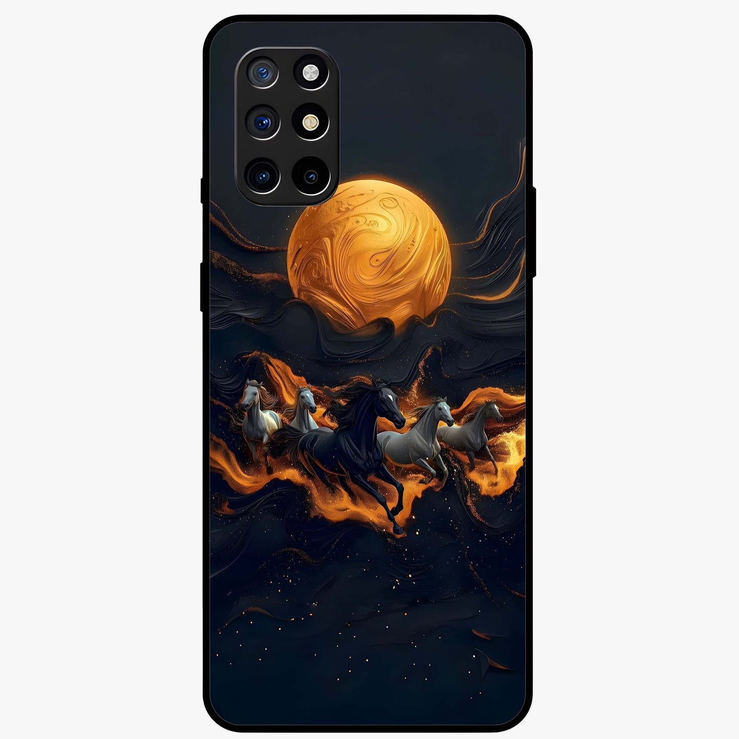 Golden Stallion Moonride Glass Case showing flat back view with majestic horse under moonlight artwork and glossy glass finish.