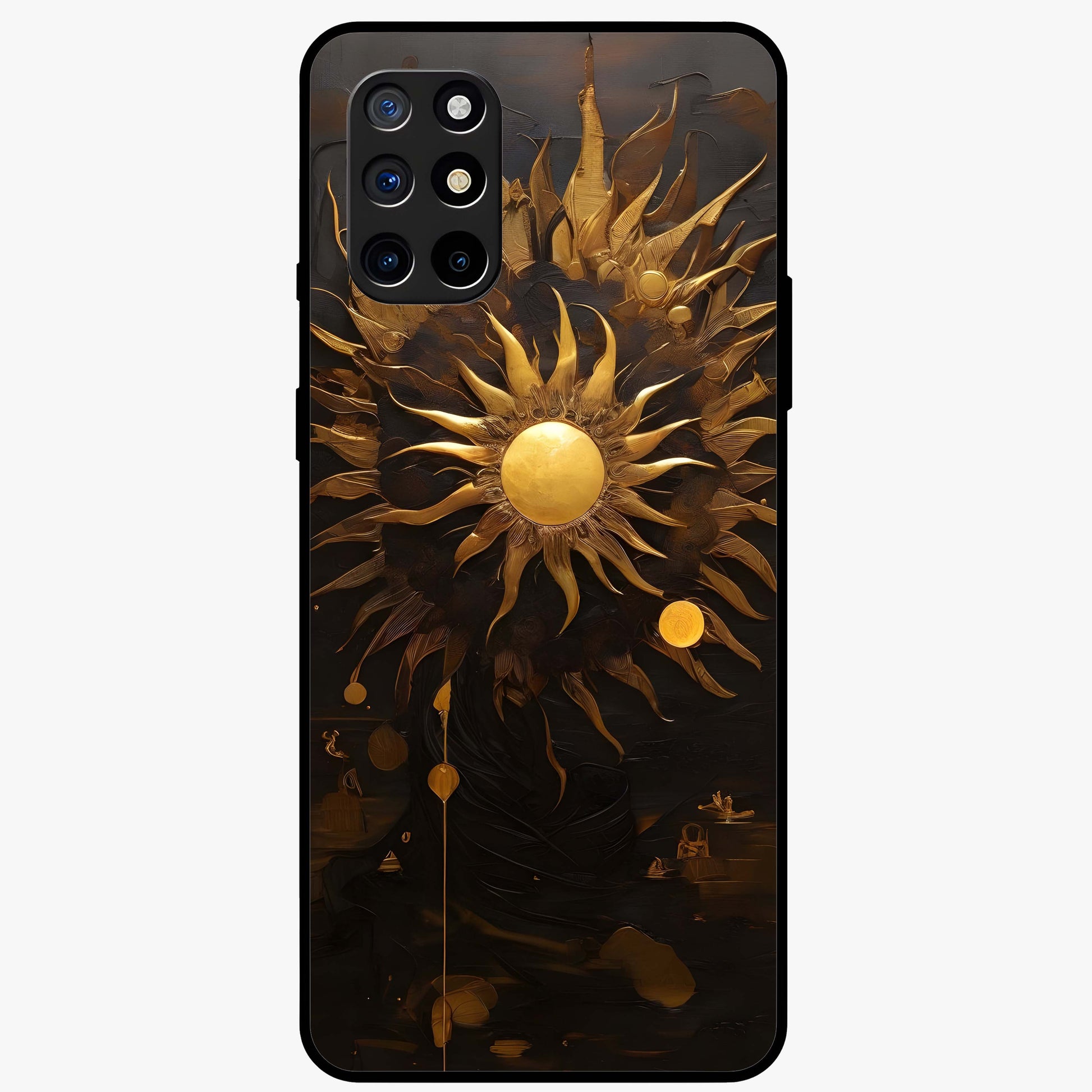 Golden Sun Majesty Glass Case showing flat back view with radiant golden sun artwork and glossy glass finish.