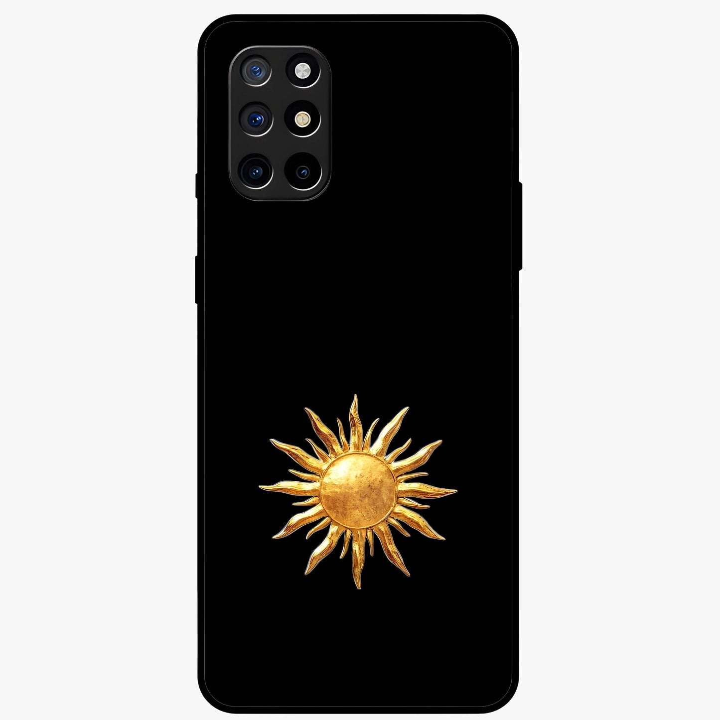 Golden Sun Minimalism Glass Case showing flat back view with minimal golden sun artwork and glossy glass finish.