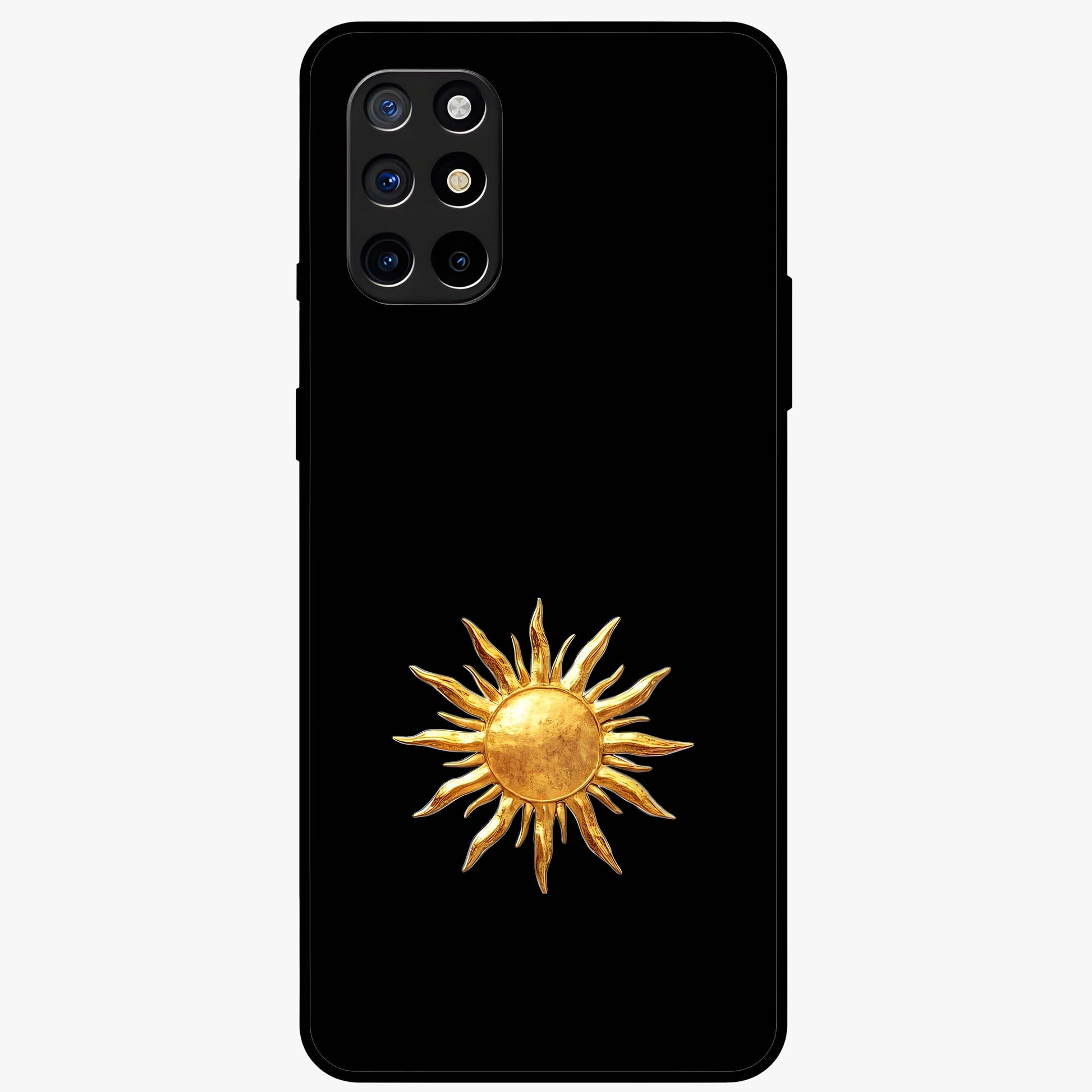 Golden Sun Minimalism Glass Case showing flat back view with minimal golden sun artwork and glossy glass finish.