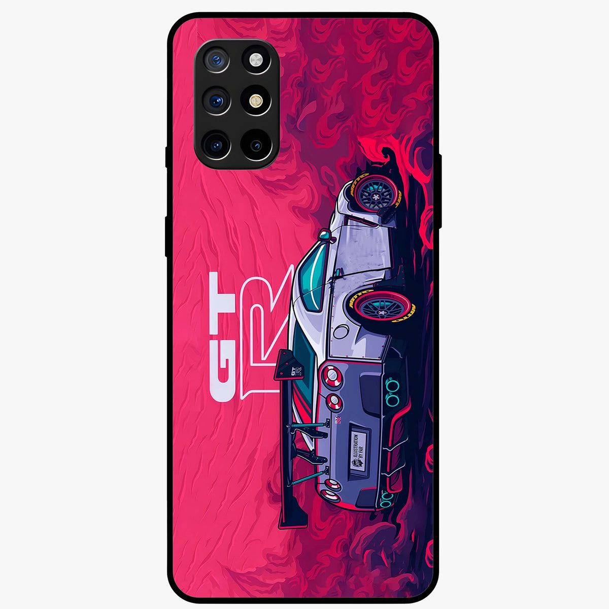 GT-R Car Pattern Glass Case showing flat back view with sporty car inspired pattern artwork and glossy glass finish.