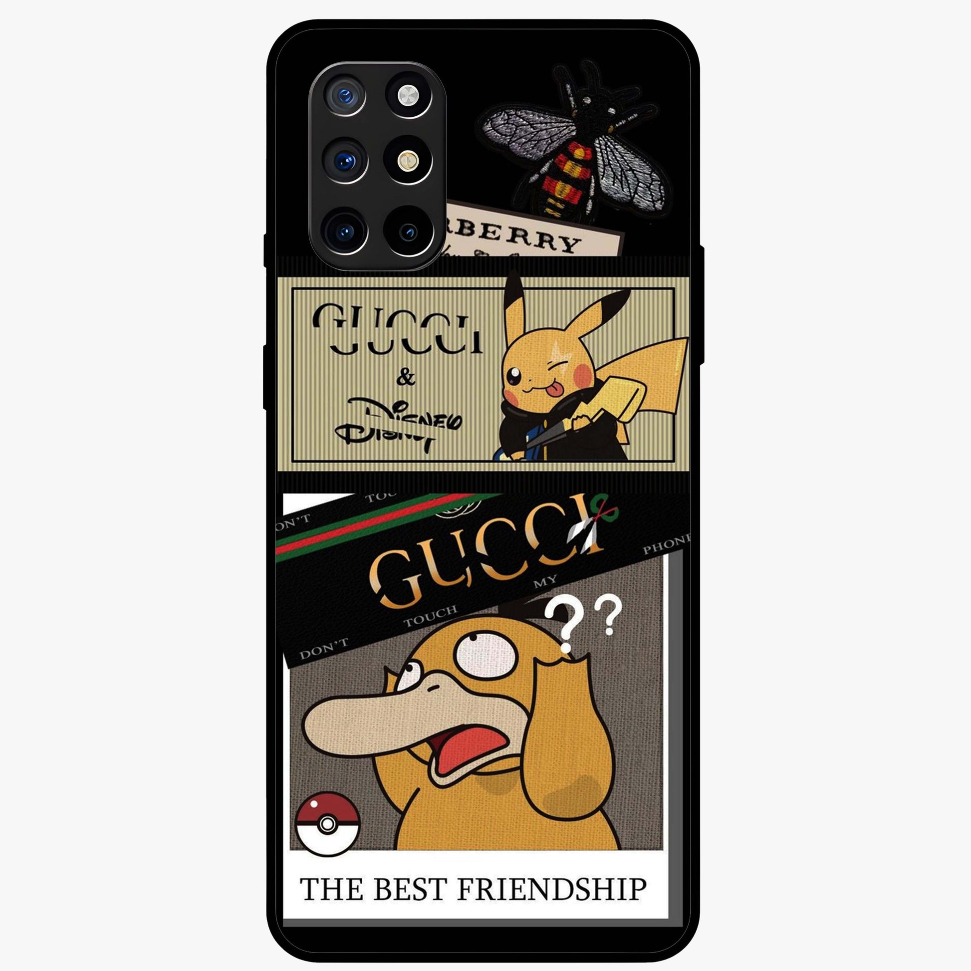 Gucci Play Mashup Glass Case showing flat back view with luxury inspired graphic artwork and glossy glass finish.