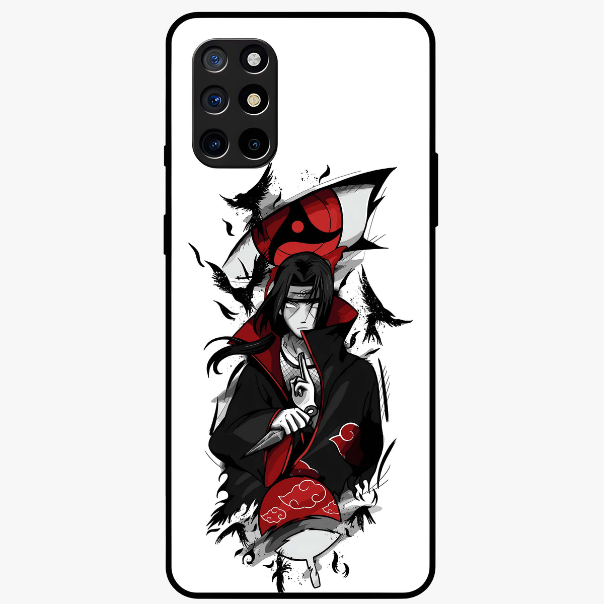 Itachi Sharingan Glass Case showing flat back view with powerful anime eye artwork and glossy glass finish.