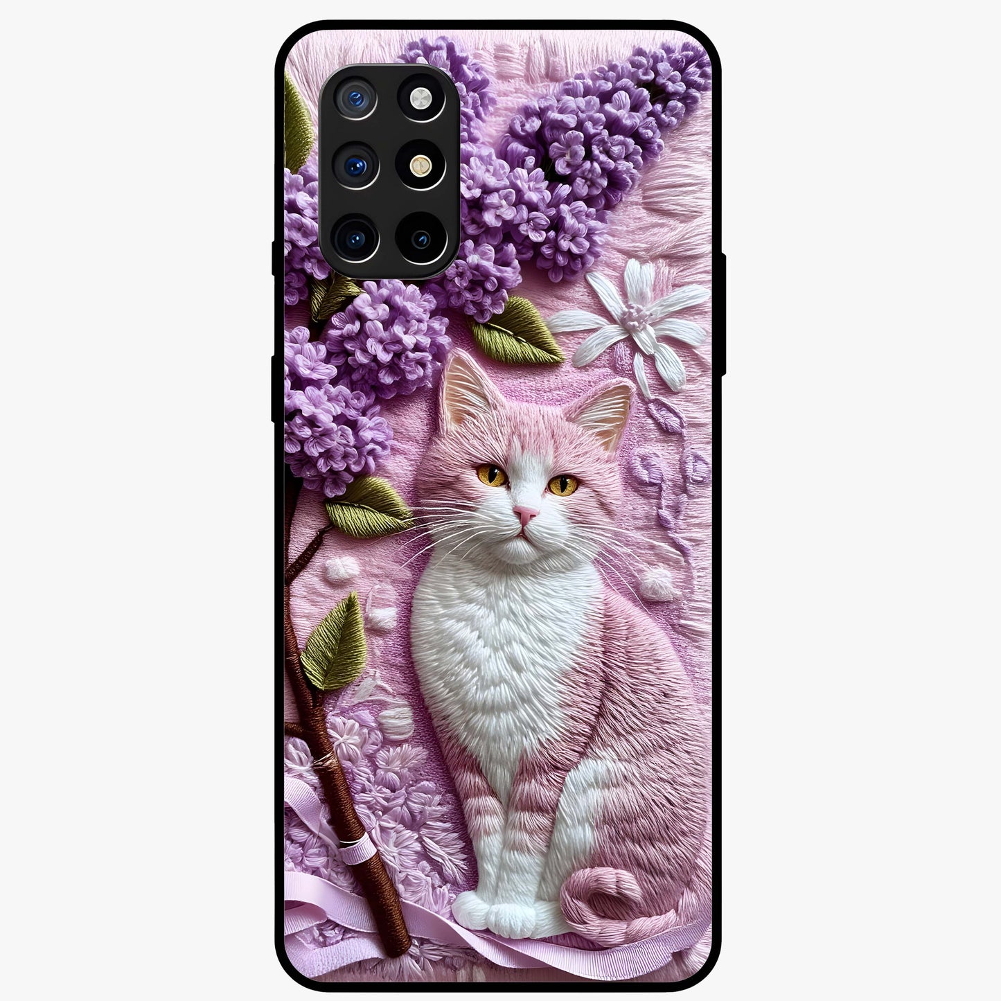 Lavender Cat Whimsy Glass Case showing flat back view with cute lavender cat artwork and glossy glass finish.