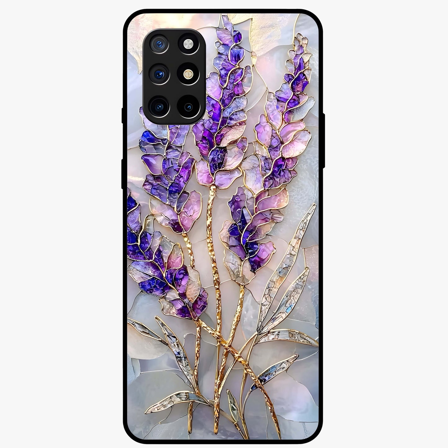 Lavender Dream Glow Glass Case showing flat back view with glowing lavender aesthetic artwork and glossy glass finish.