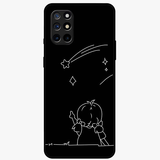Line Art Girl With Shooting Stars Glass Case showing flat back view with minimal line art girl and shooting stars illustration and glossy glass finish.