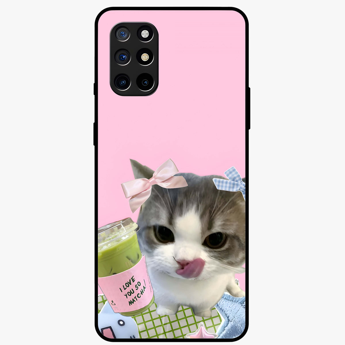 Love Matcha Cat Glass Case showing flat back view with cute cat and matcha themed artwork and glossy glass finish.